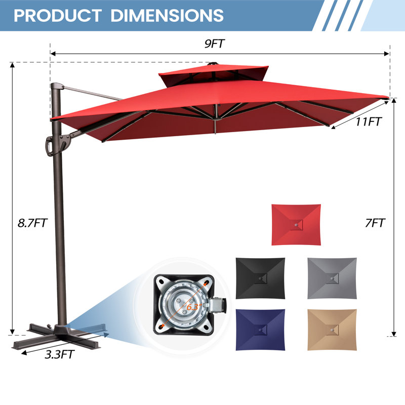 Herrell 11' x 9' Rectangular Cantilever Umbrella without Weighted Base, Rouge