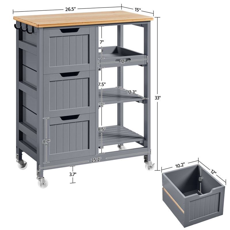 Solid Wood Top Kitchen Island, Dark Gray