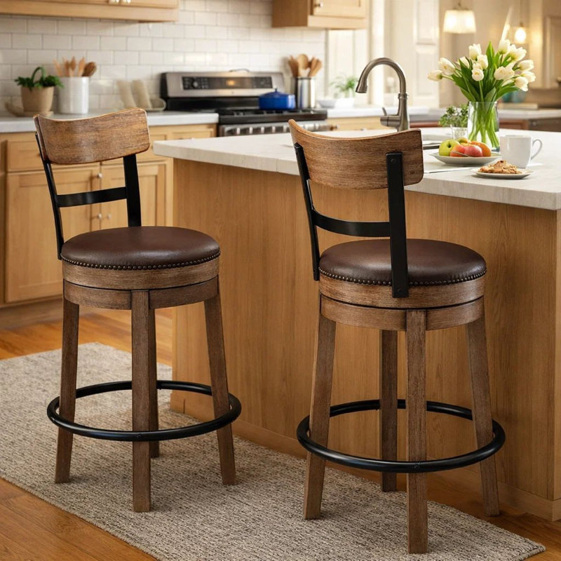 Tabouret pivotant en pin, similicuir brun, Tabouret de comptoir (siège d'une hauteur de 24,2