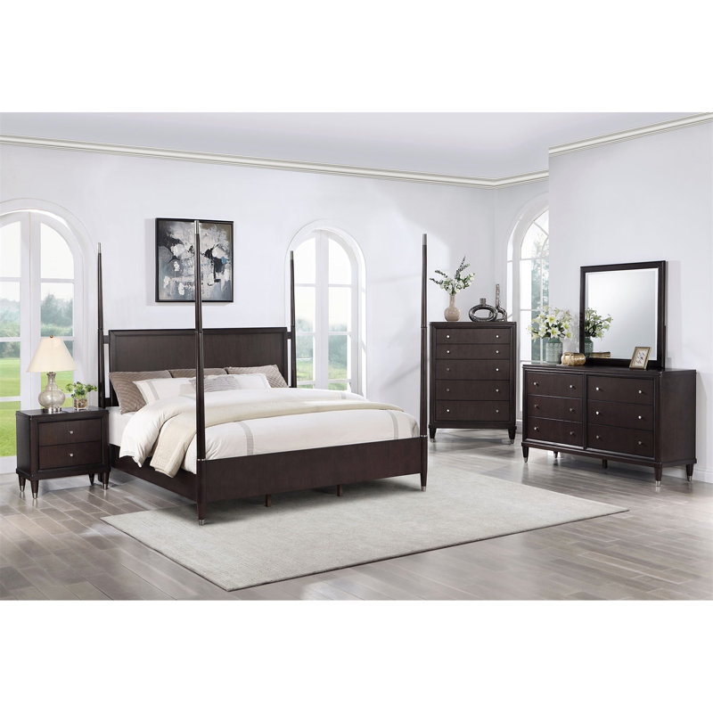 Ensemble de chambre à coucher à baldaquin 5 pièces Elegant Brown avec finition en bois riche et beaucoup de rangement, parfait pour une élégance raffinée