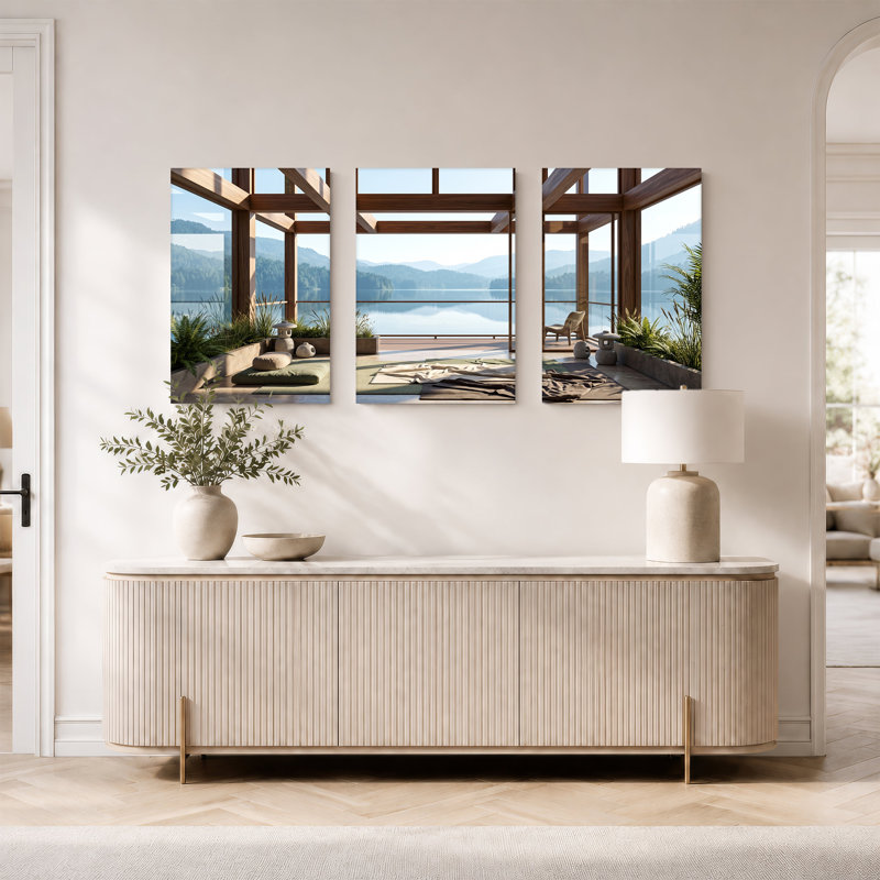 Ensemble de 3 toiles modernes en bois surplombant le lac et les montagnes, 24"H x 16"W x 3pcs