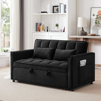 55-Inch 3-In-1 Convertible Sofa Bed, Modern Velvet Double Sofa Futon Sofa Bed With Adjustable Back, Storage Bag And Pillow, For Living Room, Bedroom