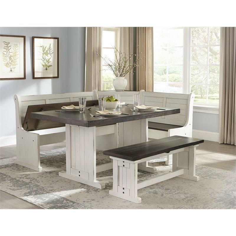 Canora Grey Farmhouse Wood Kitchen Corner Breakfast Dining Nook Set with Hidden Storage in Off ...