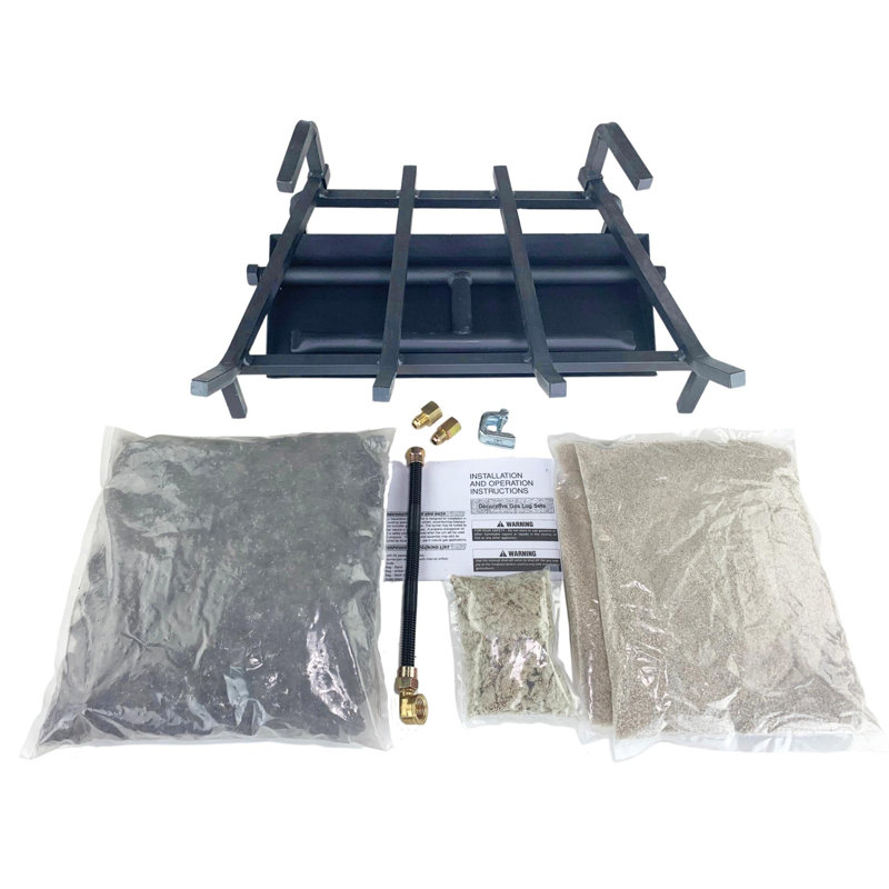 Dual Row Gas Burner Fireplace Kit with Pro Connection Kit, Silica Sand, Glowing Embers, Grate, 2.5" H x 18.25" W x 6.5" D