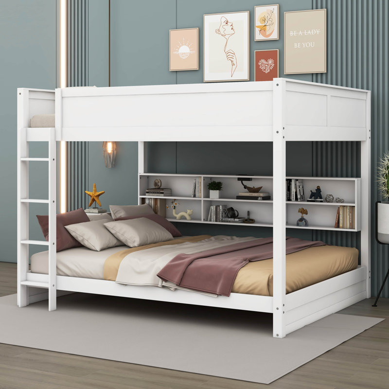  Kalenna Queen Over Queen Bunk Bed With Storage Cabinets And USB Ports, White