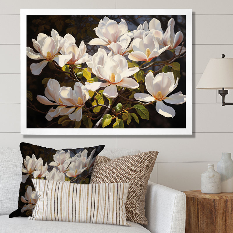 Blanc, jaune, magnolia et magnolia - art mural Magnolias, Cadre simple blanc, H 30 po x l 40 po x P 1,5 po