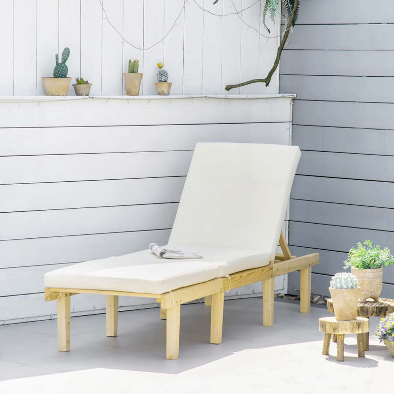 Chaise longue pour l'extérieur, chaise longue avec coussin, chaise longue moderne, Beige, Bois naturel