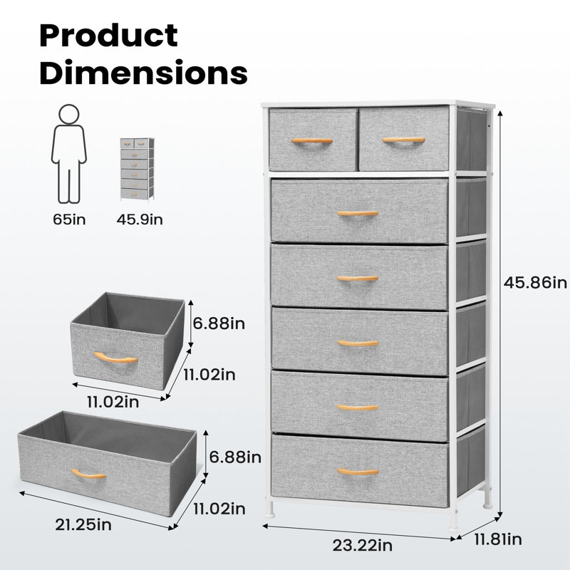 Commode de rangement 7 tiroirs Kirklan, Gris clair / Blanc