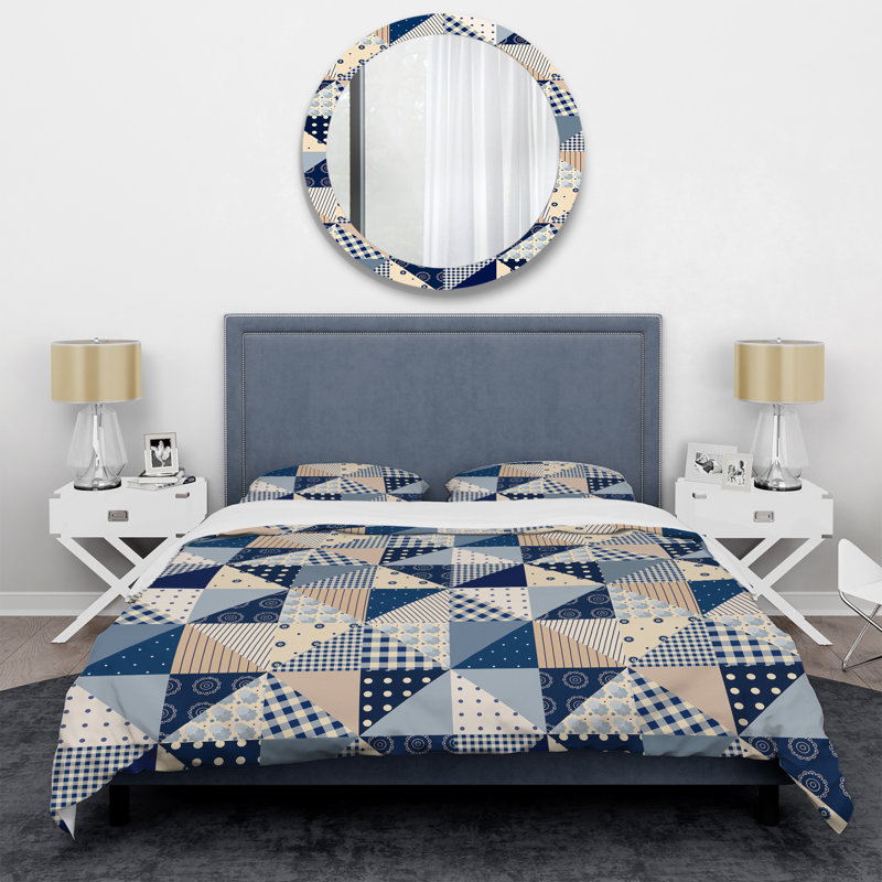 Ensemble de housse de couette en microfibre bleu et crème, Housse de couette pour grand lit et 2 taies décor