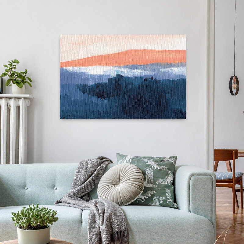 «Misty Blue Mountains», art mural abstrait de paysage moderne minimaliste