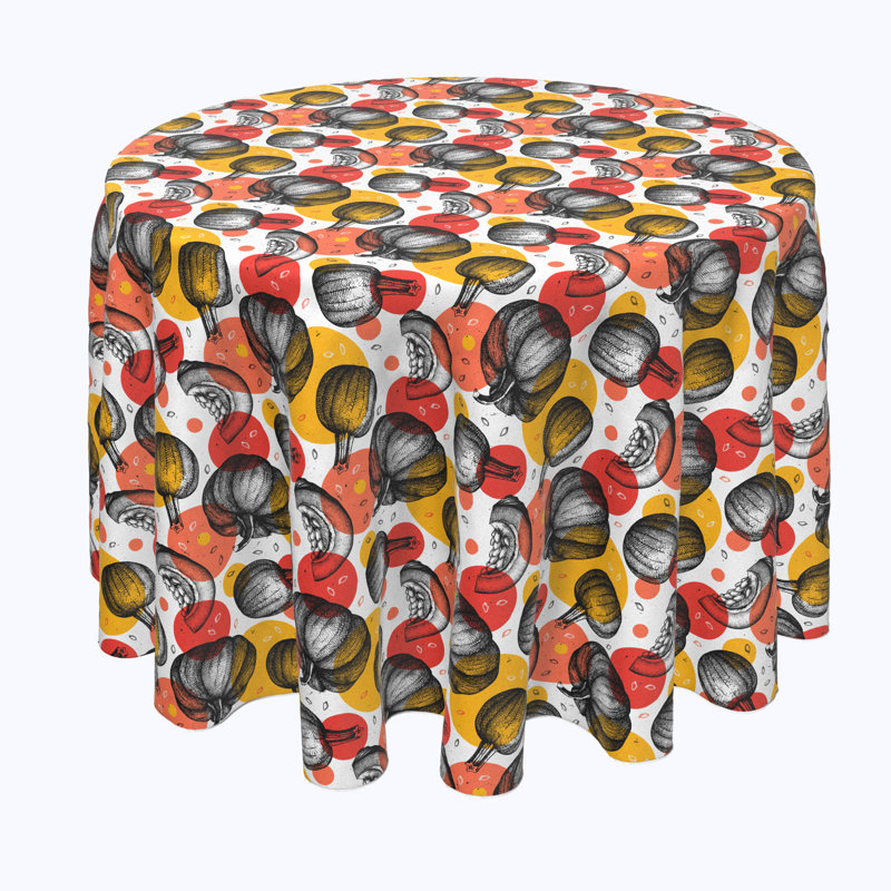 Geometric Round Halloween Tablecloth, 84" L x 84" W, Pumpkins and Autumn Dots