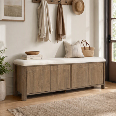 Banc de rangement capitonné de 140 cm pour entrée, banc à chaussures en bois avec 4 portes d'armoire et étagères réglables