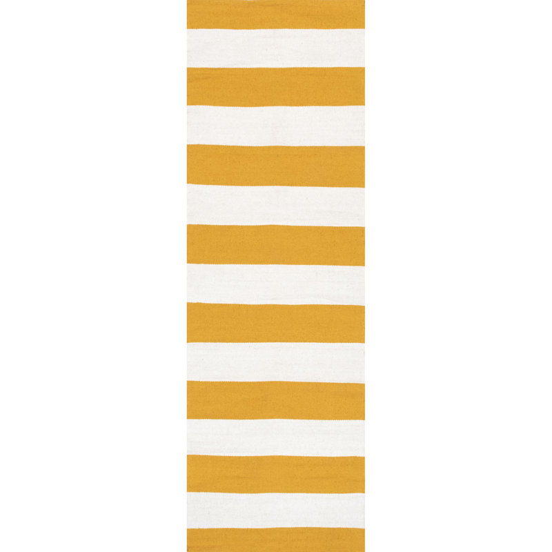 Tapis décoratif à rayures en coton blanc/jaune Connor-Joe, Tapis de couloir 2 pi x 6 pi
