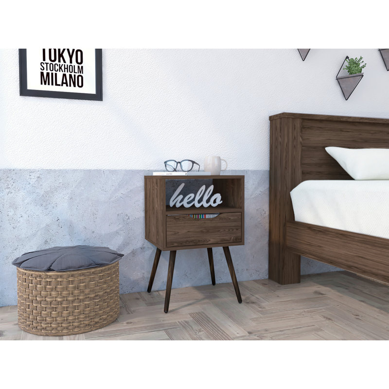 1-Drawer 1-Shelf Nightstand Dark Walnut, Brown