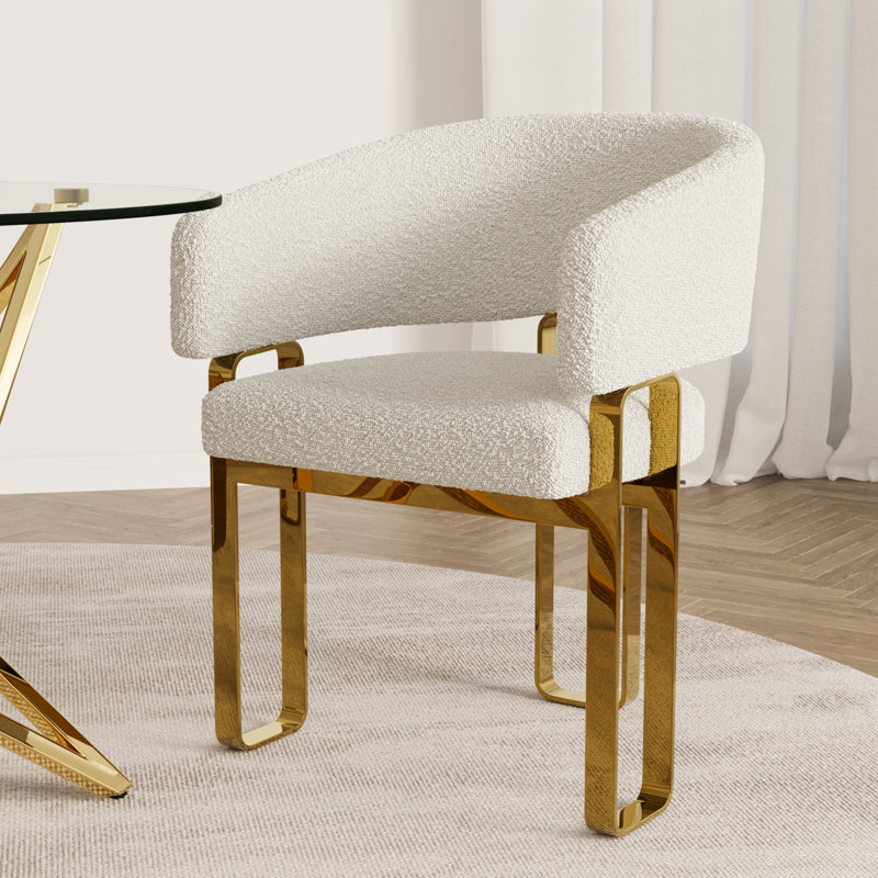 Glam And Luxurious White Boucle Upholstered Barrel Dining Room Chairs With Polished Gold Legs And Armrest, Beige, Gold