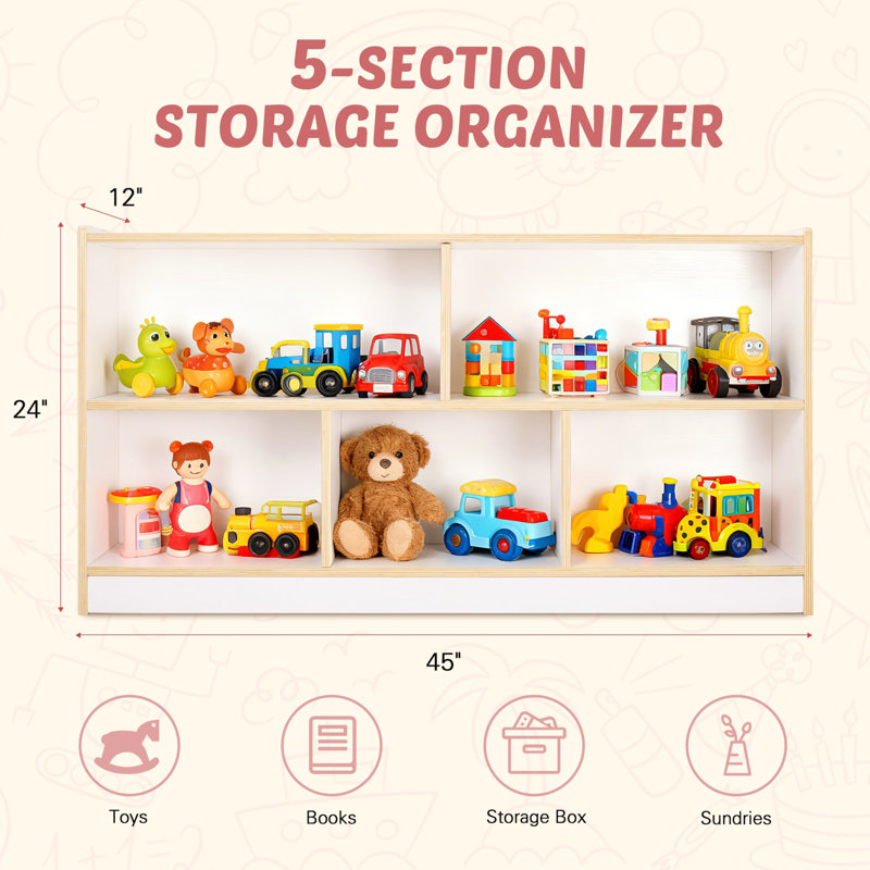 Bibliothèque Montessori, armoire de rangement en bois à 5 sections, étagère de rangement pour jouets avec bibliothèque pour enfants, étagère à livres Fess Safety Montessori pour chambres d'enfants, salle de classe, salle de jeux, garderie, école maternelle