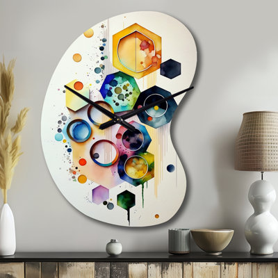 Hexagon And Circular Abstract II - Geometric Unique Shape Metal Wall Clock, Modern Asymmetrical Wall Clock Print