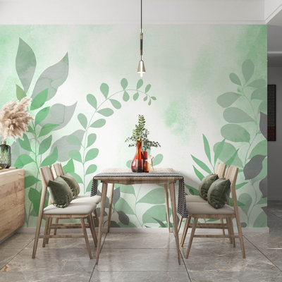 Green Watercolor Leaf Silhouette Wall Mural for Home Decor