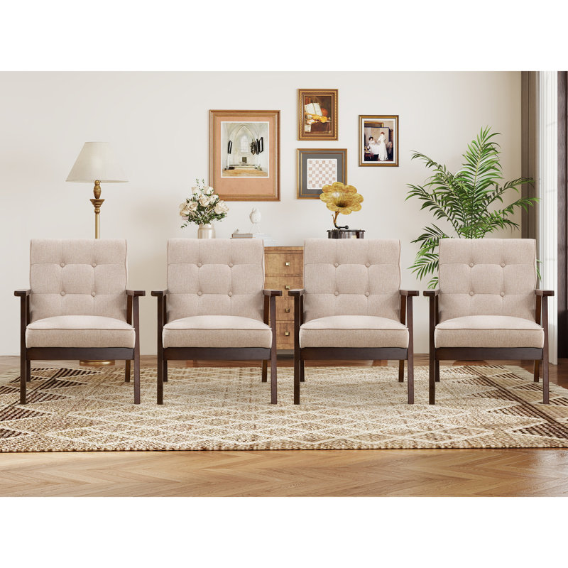 Fauteuil d'appoint rembourré capitonné rétro avec pieds en bois massif 25 po Chesterle, Lin beige