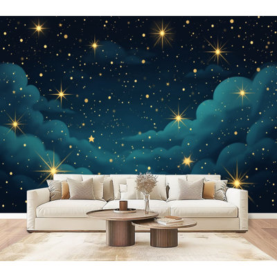 Peel and Stick Wallpaper Starry Night Sky Soft Clouds Glowing Stars Wall Murals 69"H x 96"W Removable PVC Wall Paper Self-Adhesive Wall Decor for Bedroom Living Room Home Office