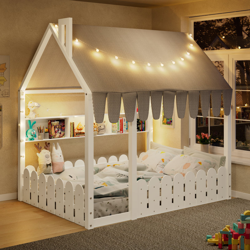 Lits de maison Montessori polyvalents, en bois massif, avec rangement, blanc
