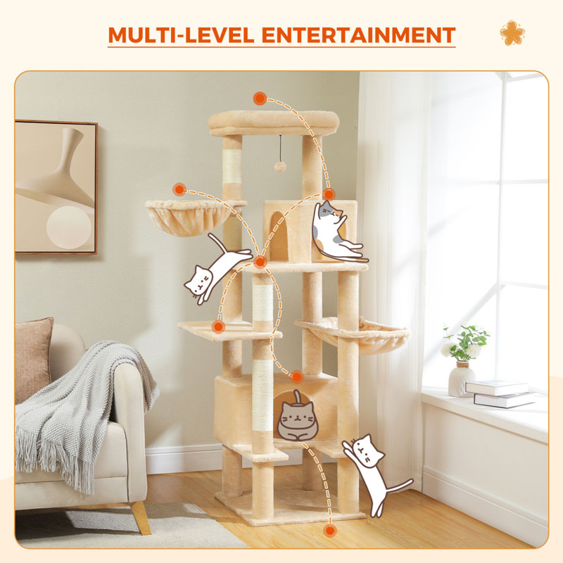 Beige 66" Sisal-Covered Cat Tower with Hammock and Condos