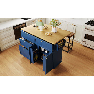 Îlot de cuisine Topmax avec abattant et 2 sièges, ensemble de table de cuisine avec armoire de rangement, tiroirs, tablettes de porte et prise de courant, bleu