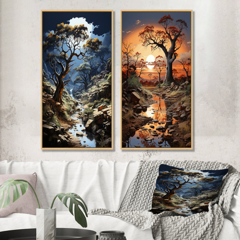 Baobab, arbre, scène surréelle - ensemble de 2 reproductions d'art sur toile, H 28 po x l 25 po, Cadre flottant brun