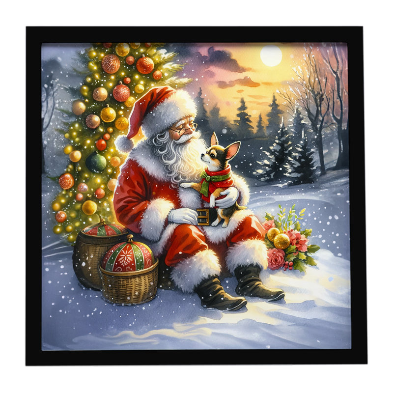 Chihuahua et père Noël, reproduction d'art encadrée