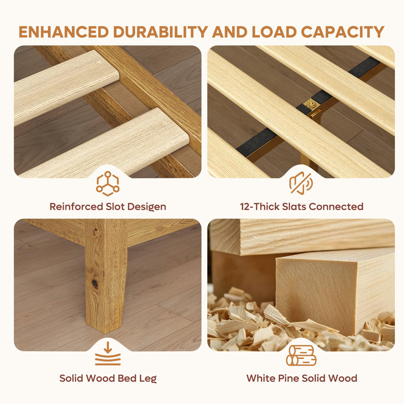 Solid Wood Bed Frame with Slatted Support, No Springs Required, Easy Assembly, Sturdy Center Leg, Natural Oak, King