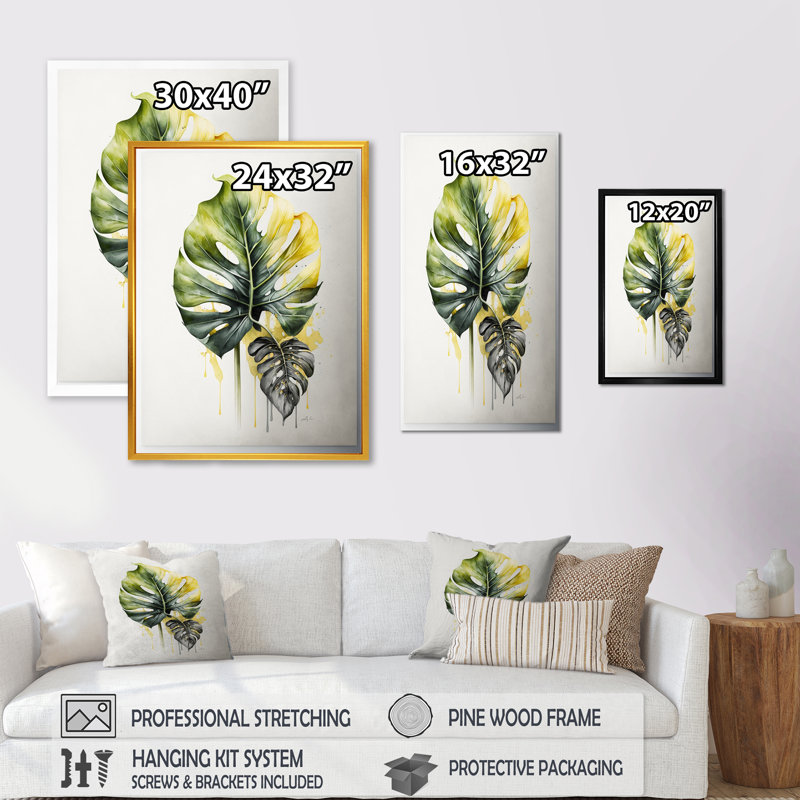 Jaune et gris feuille de philodendron II - reproduction sur toile, H 32 po x l 16 po x P 1 po, Toile tendue