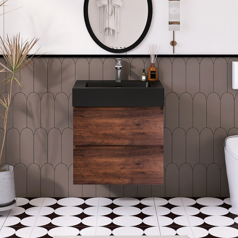 Meuble-lavabo simple 24 po avec plateau Kansiray, Brun, Noir mat