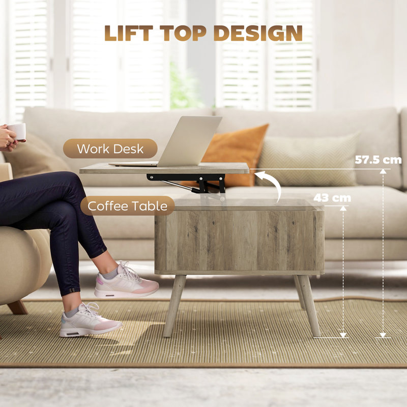 Table basse à plateau relevable, table centrale avec compartiments cachés, chêne