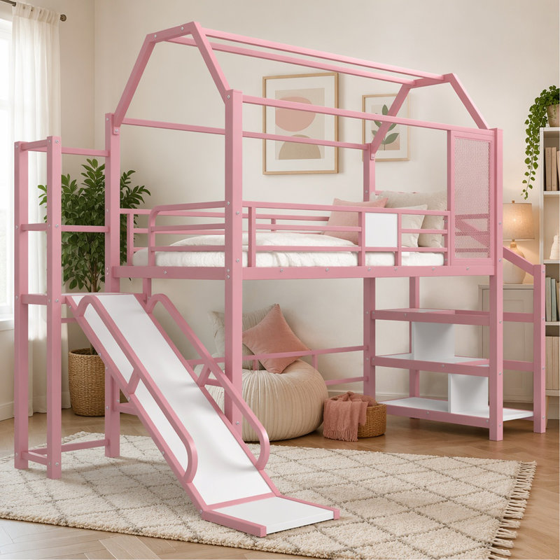 Lit mezzanine simple avec glissade et escalier, lit de jeu en métal avec tablettes de rangement, toit en forme de maison et conception silencieuse, rose