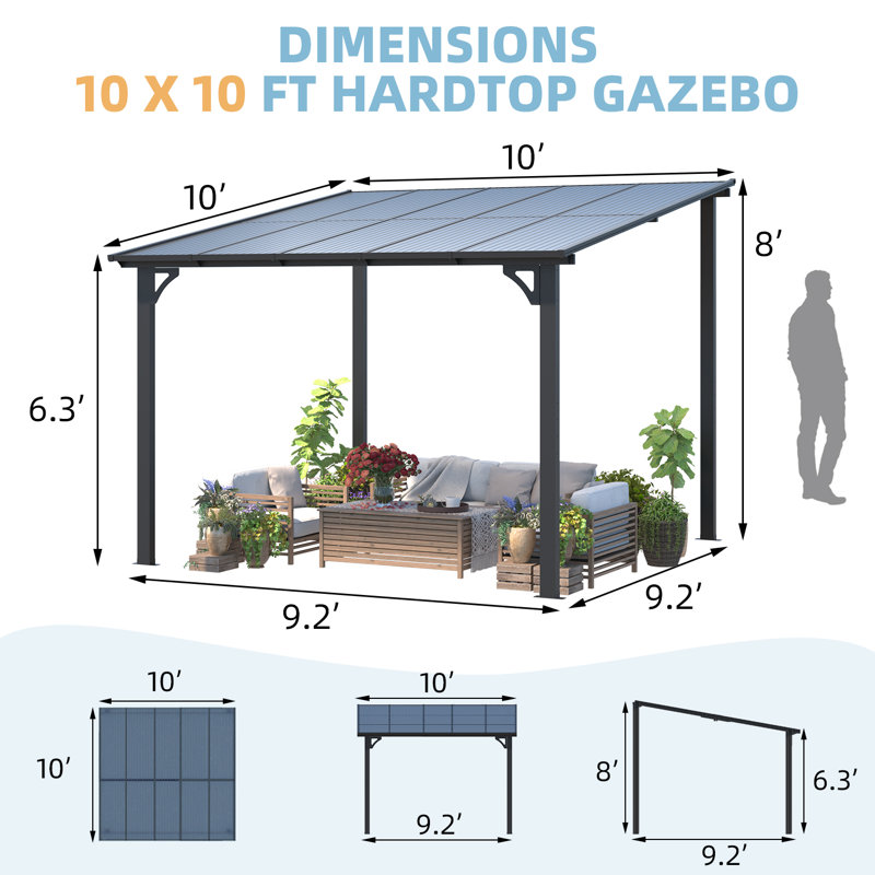 Pergola en aluminium avec auvent, 10 pi x 10 pi, Noir