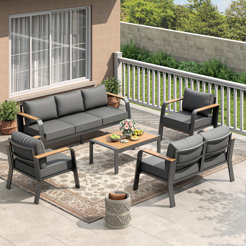 Ensemble de conversation de patio 7 pièces en aluminium avec table basse, coussins gris lavables, métal résistant aux intempéries pour balcon de terrasse près de la piscine