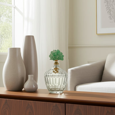 Decorative Glass Stone Metal Jar with Sculpted Fauna Lid Detailing and Textured Transparent Body for Unique Accent Display