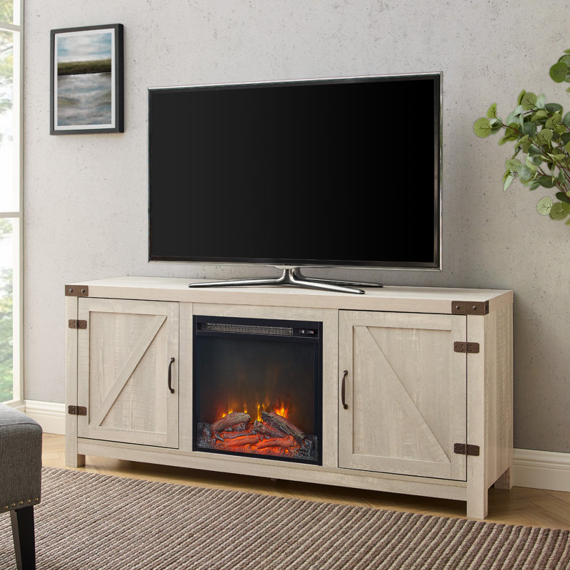 Meuble télé de 58 po avec porte de grange et foyer électrique Marckson, 58" W x 15.5 D, Gris pierre