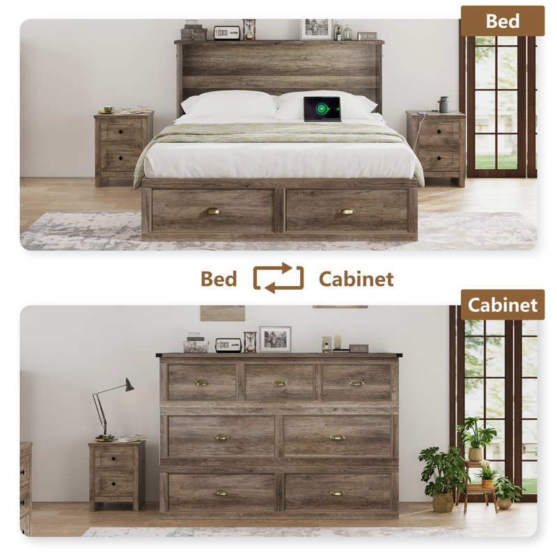 Arlina Farmhouse Queen Murphy Bed With Charging Station & Storage Drawer, White