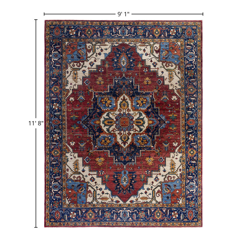 Hand-Knotted Red Wool Geometric Rectangular Area Rug, 9' 1" x 11' 8"