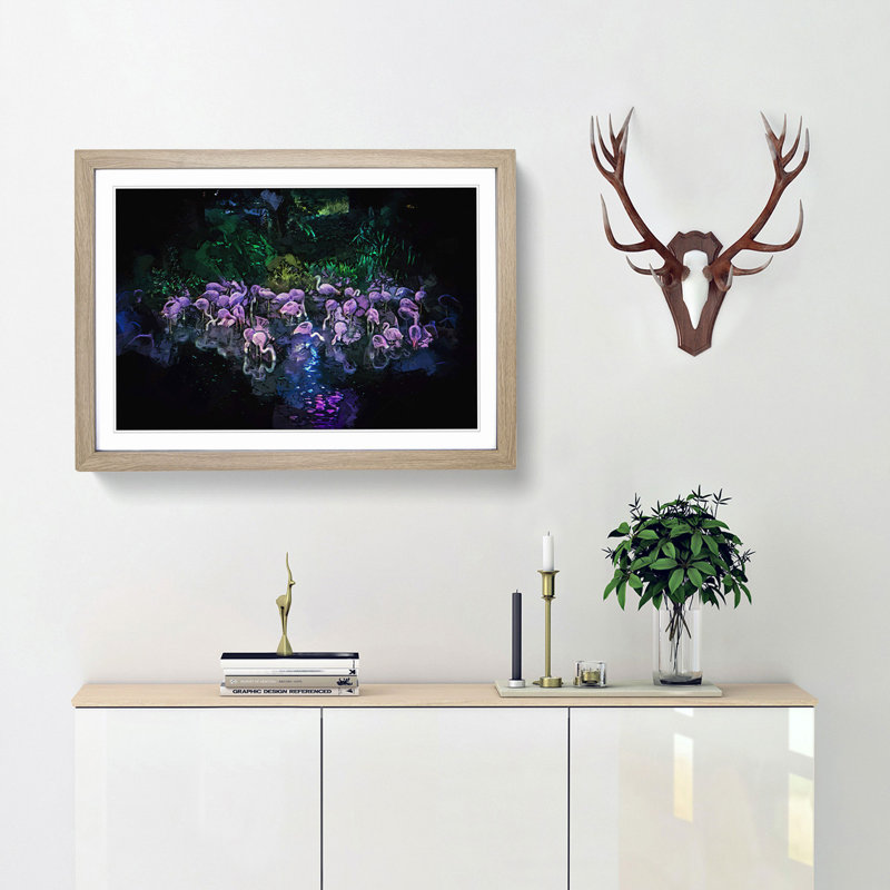 Neon Flamingos in Abstract - Picture Frame Graphic Art Print on MDF, 27cm H x 36cm W x 2cm D, Oak Framed
