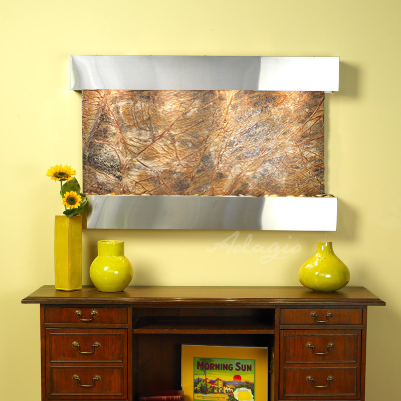 Sunrise Springs Natural Stone/Metal Wall Fountain with Light, Stainless Steel, Rainforest Brown Marble