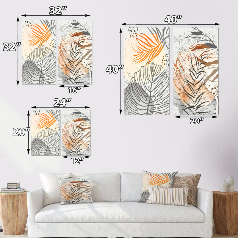 Feuillage aux formes organiques éclatantes - ensemble de 2 peintures, Toile tendue, H 32 po x l 32 po x P 1 po