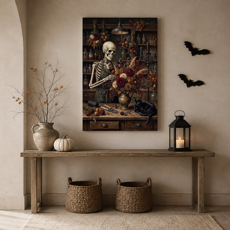 «Skeleton Florist Arranging Flowers with Black Cat», art mural sur toile d'Halloween, H 24 po x l 16 po