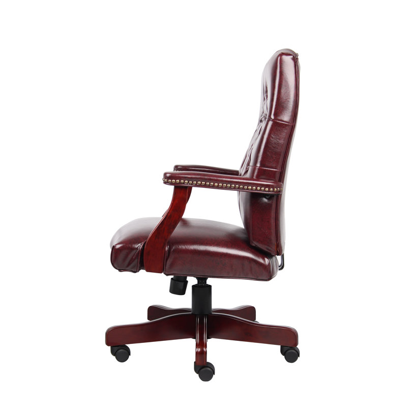Oxblood Vinyl High Back Executive Swivel Chair with Mahogany Finish