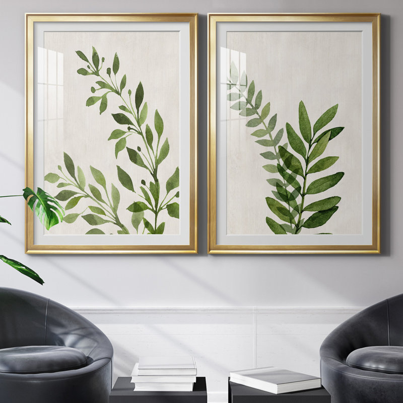 «Botanical Wash I», ensemble de 2 reproductions d'art sur toiles, H 26,5 po x l 73 po x P 1,5 po, Papier avec cadre doré