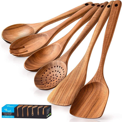Ensemble d'ustensiles en bois 6 pièces pour la cuisine - Outils de cuisine antiadhésifs en bois de teck naturel avec poignées ergonomiques, spatules, cuillères et tournevis résistants à la chaleur et aux égratignures