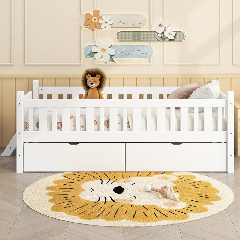 Lit plateforme simple en bois blanc avec garde-corps et 2 tiroirs, structure semi-fermée, pin +, sans sommier, assemblage rapide, format de rangement solide, idéal pour