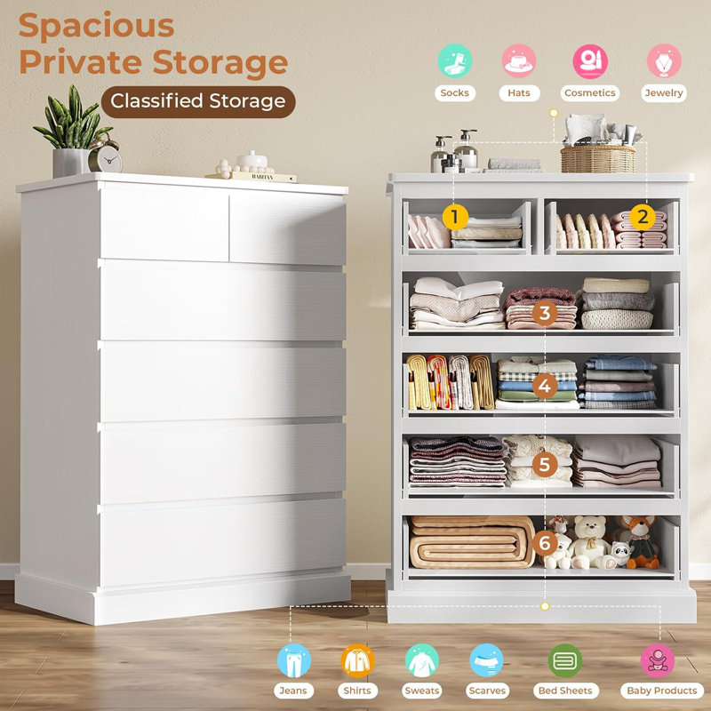 Tall Dresser With 6 Drawers, 43.9 Inch Tall Dresser And Chest Of Drawers, Modern Wooden Closet Organizer And Storage Cabinet For Bedroom, Wardrobe, Hallway