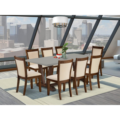 L'ensemble de 9 pièces comprend une table de cuisine moderne en ciment et 8 chaises de salle à manger rembourrées en tissu de lin beige clair à haut dossier - finition jacobine vieillie